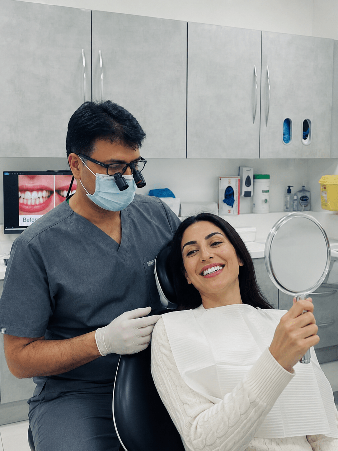 Happy patient smiling in the mirror after crown and bridge treatment at Dulwich Dental Centre