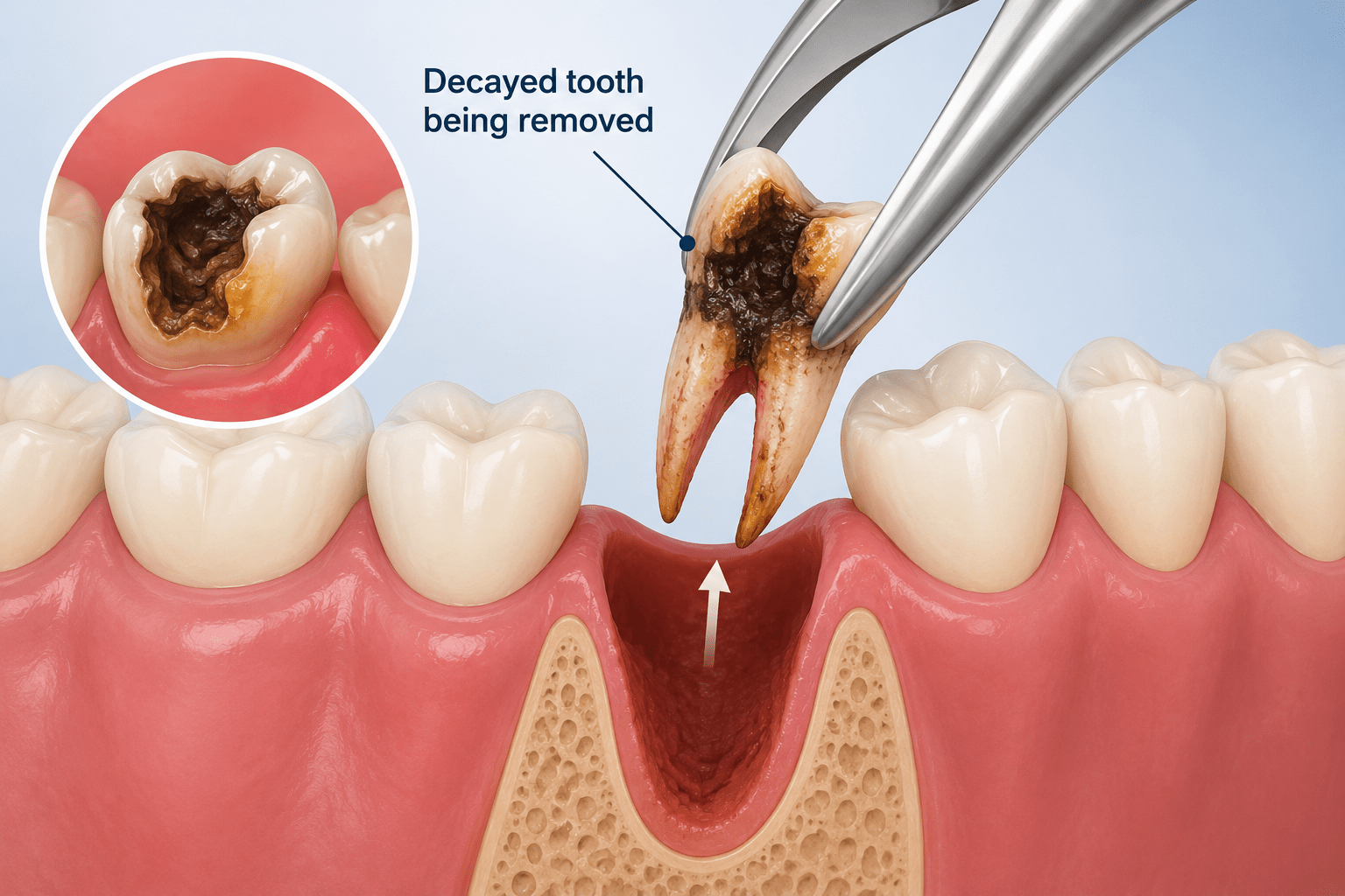 Illustration of a severely decayed tooth being carefully removed by a dentist