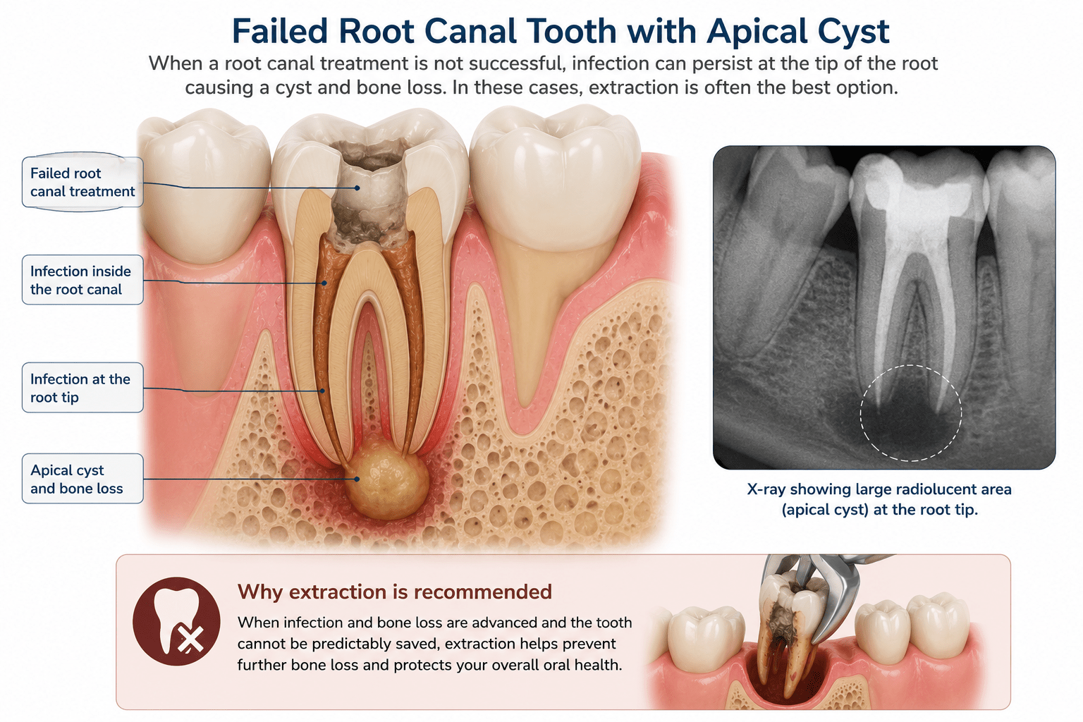 Diagram of a failed root canal treatment showing infection and apical cyst at the root tip
