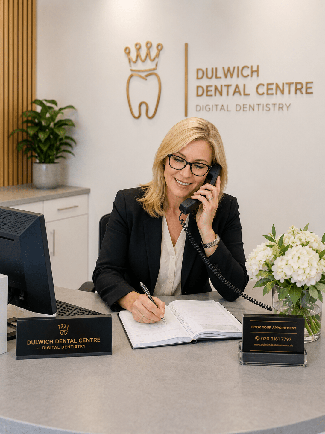 Friendly receptionist at Dulwich Dental Centre welcoming a patient