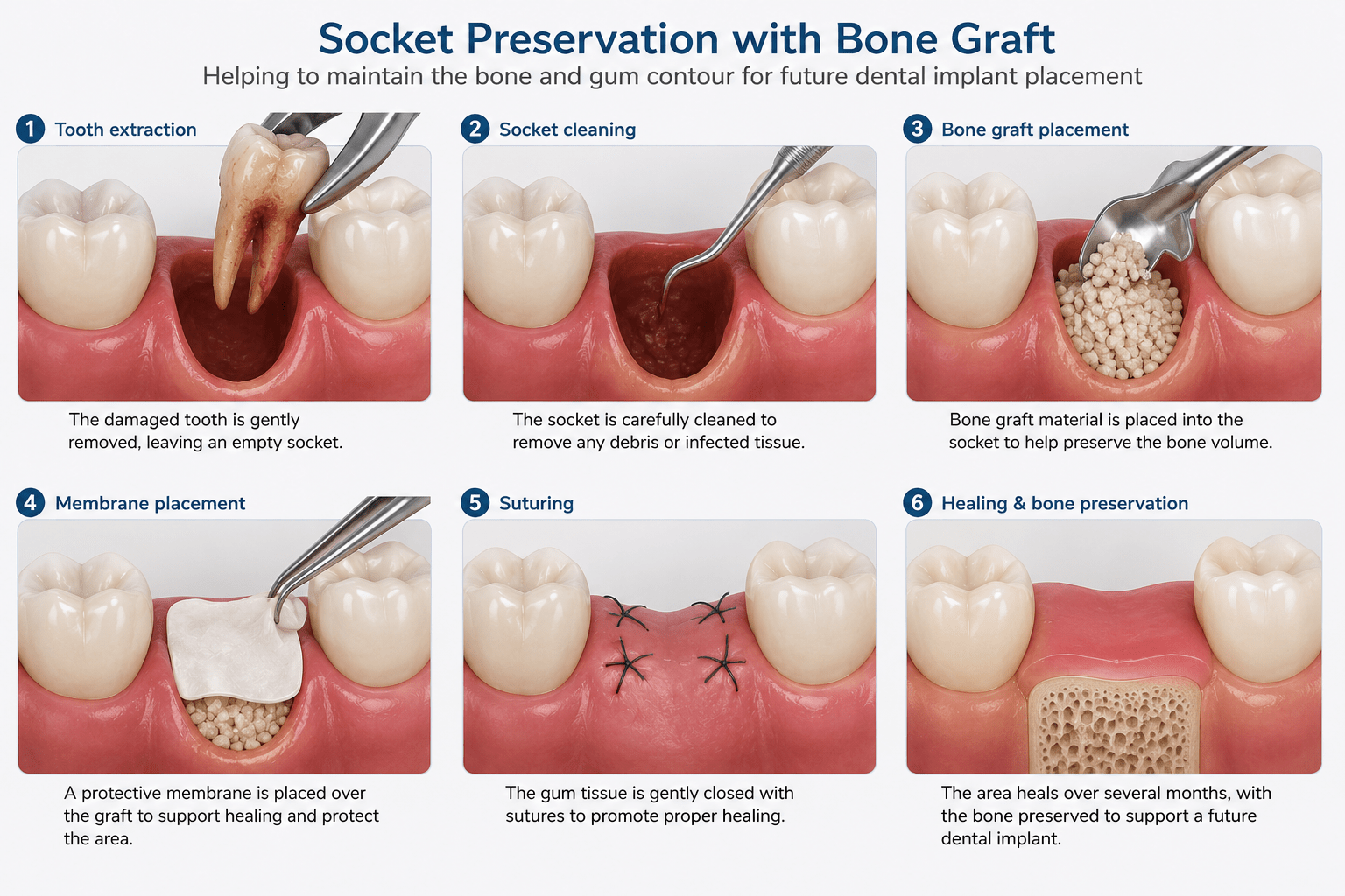 Six-step diagram of socket preservation with a bone graft after tooth extraction