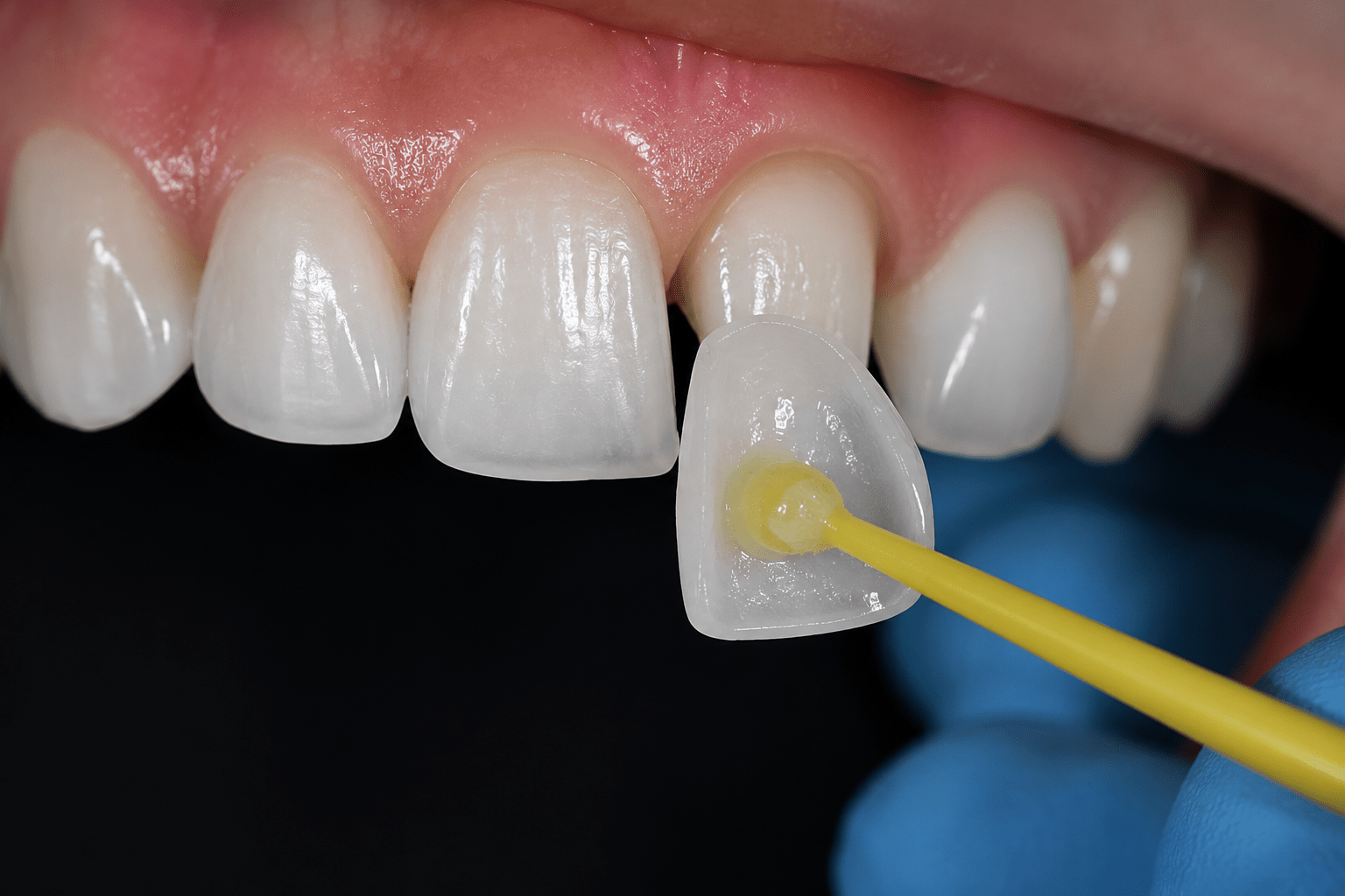 Porcelain veneer being bonded to a front tooth using dental adhesive cement